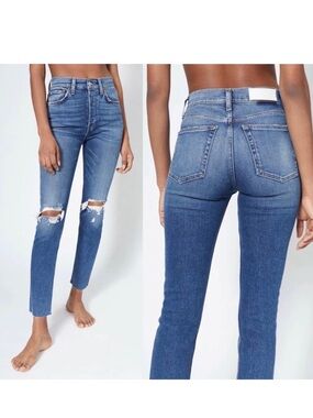 RE/DONE 90s High Rise Ankle Crop Distressed Jeans Raw Hem Size 26